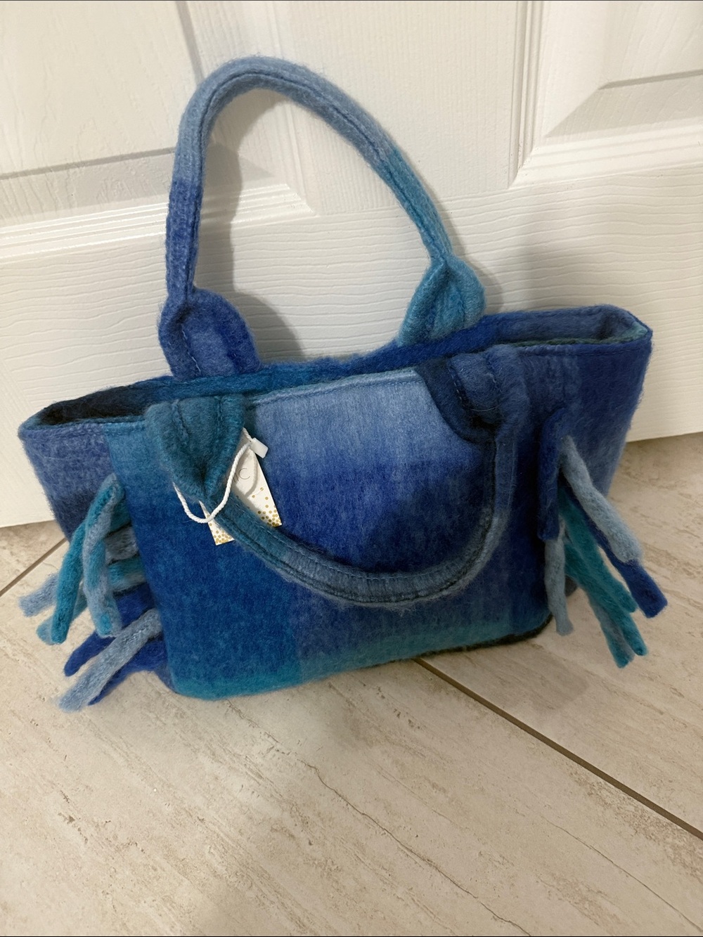 2 Chic Blue Gradient Felt Tote with Fringe Accents 2 chic .. nwt
